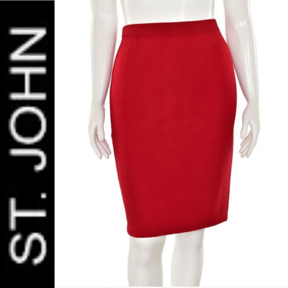 St. John Collection Red Santana Knit Pencil Skirt Size 8 Career Business Classic